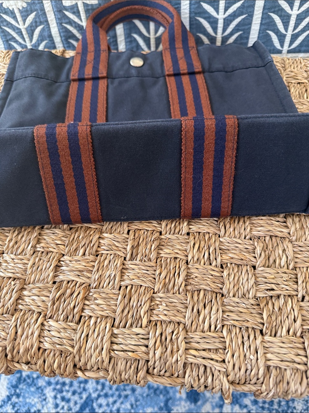 Hermes 2000s MM Fourre Tout Canvas Tote Bag with Striped Handles - Navy & Brown - Picture 9 of 10